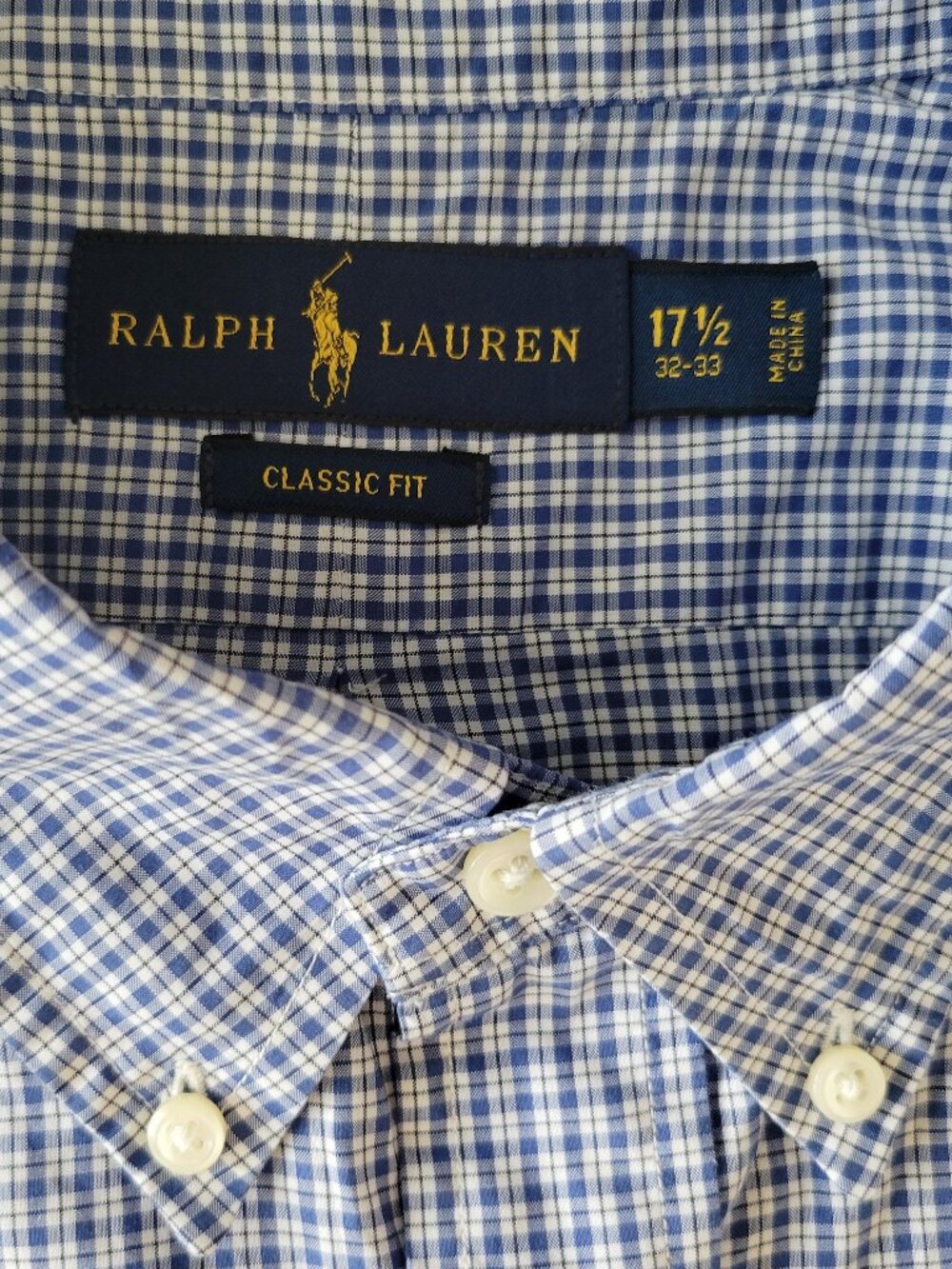 Ralph Lauren Classic Fit Blue White Checkered Plaid Buttoned Up Shirt Mens 17.5 - Picture 3 of 6